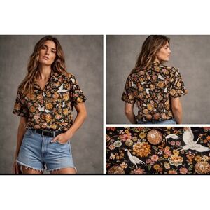 Naked & Famous Shirt Crane Floral Print Camp Collar Button Up L Japanese style